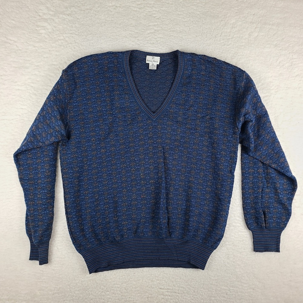 Neiman Marcus Sweater Mens XL Blue V Neck Knit Pure New Wool Made In Uruguay *